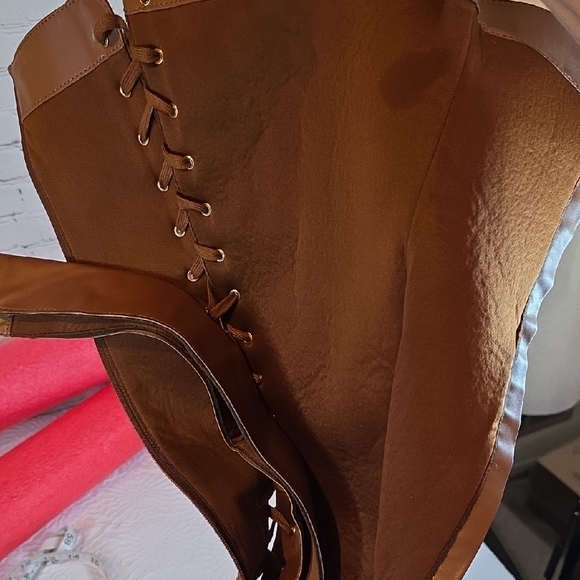 ShoeDazzle Elira Thigh High Corset Boots with Utility Pocket – Tan/Cognac Size 9